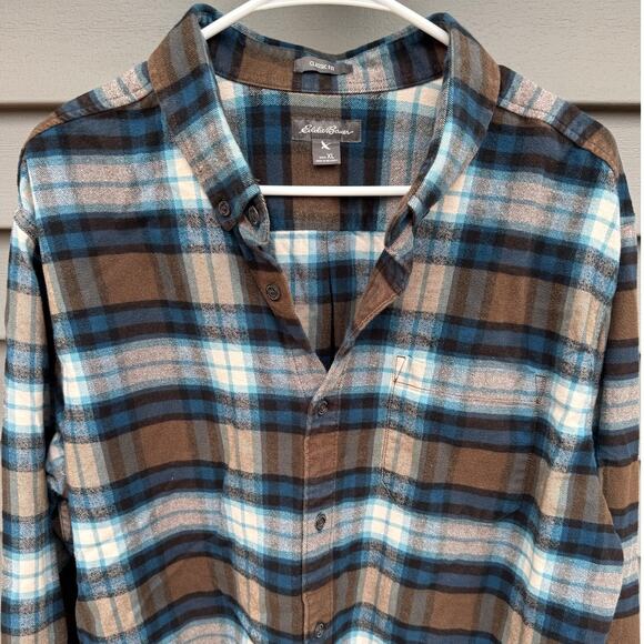Eddie Bauer XL Classic Fit Plaid Flannel Button Long Sleeve Brown Blue White - Picture 5 of 12